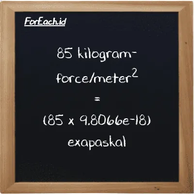 Cara konversi kilogram-force/meter<sup>2</sup> ke exapaskal (kgf/m<sup>2</sup> ke EPa): 85 kilogram-force/meter<sup>2</sup> (kgf/m<sup>2</sup>) setara dengan 85 dikalikan dengan 9.8066e-18 exapaskal (EPa)